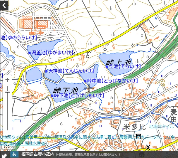 国土地理院地形図の名称（空池）とデータベースの名称（峠上池）が異なるため池の例