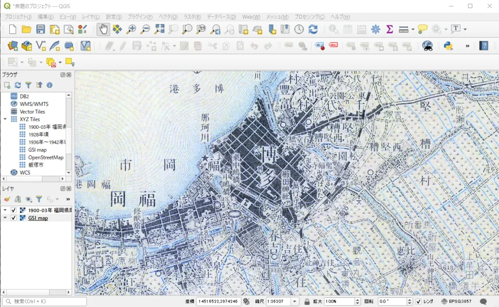 QGISでのQ地図タイルの表示例(Q地図タイル(国立国会図書館蔵・復刻許可、測量法に基づく国土地理院長承認(複製)R2JHf66)を転載したもの)