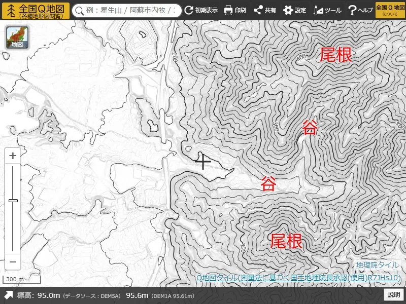 主曲線(細線)と計曲線(太線)が表示された等高線の例