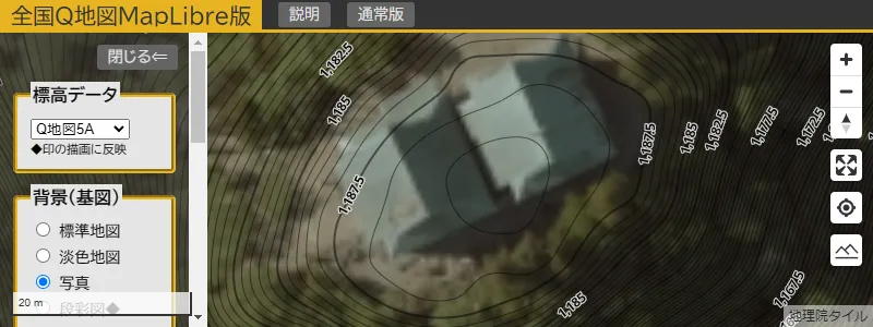 等高線を使った山頂の標高読み取り例(英彦山中岳、最高等高線1188.5m)