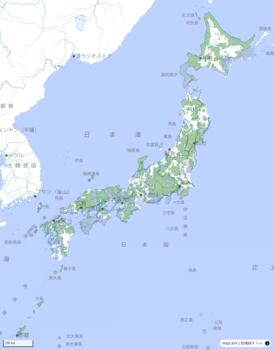 リサンプリング格子の補正状況(緑:補正した/青:リサンプリング格子が無かった/赤:判定できなかった)/背景: 地理院タイル