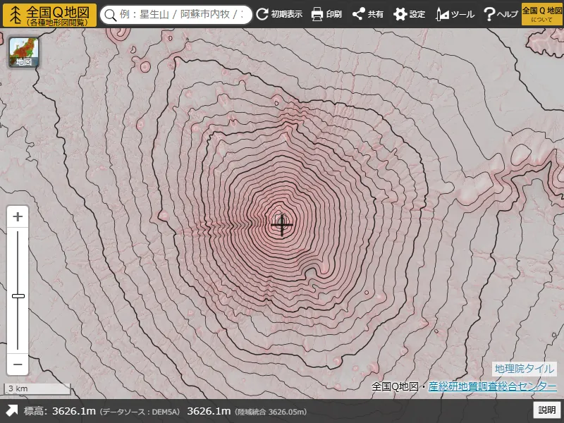 全国Q地図で等高線を表示した画面(背景:赤色立体地図50%)