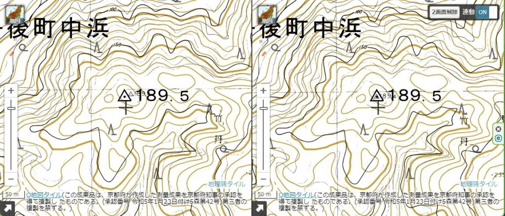図4(左) 補正前:地理院地図(三角点)との重ね合わせ。ずれが見られる。