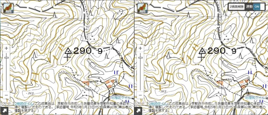 図4(右) 補正後:地理院地図(三角点)との重ね合わせ。整合している。