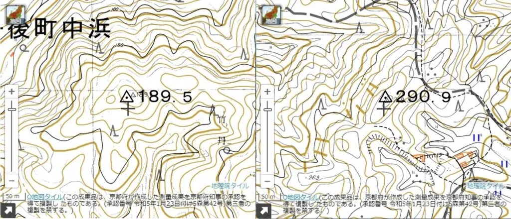 図2 京都府森林基本図と地理院地図(等高線)の重ね合わせ(左:補正前のずれ、右:ずれのない場合)